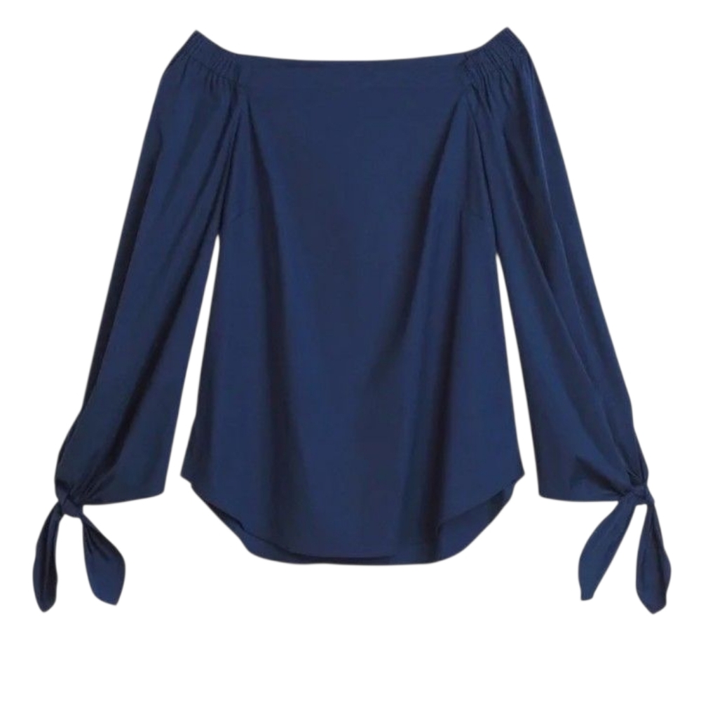 White House Black Market Navy Off-Shoulder Tie-Sleeve Top